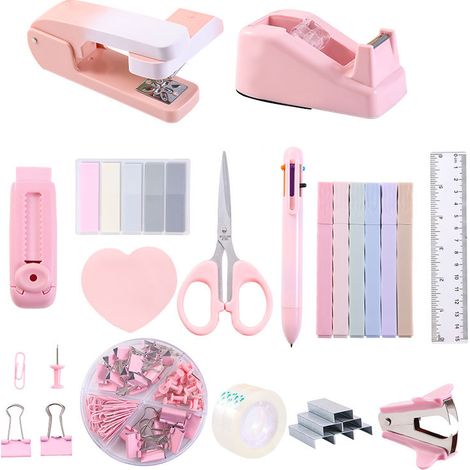 Rosa Schreibtischset Mit Hefter, Schere Und Klebebandhalter, Inklusive Aufbewahrungsbox Für Den Schülerschreibtisch.