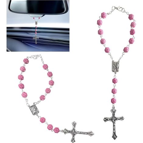 Set Aus 2 Rosa Auto-rosenkranzhaltern, Rückspiegeldekoration, Medaille Und Kreuz, Personalisiertes Hängeaccessoire, Geeignet Für Männer Und Frauen (rosa)
