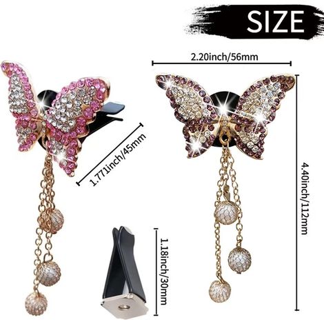 Set Mit 4 Funkelnden Schmetterlings-lufterfrischerclips Für Die Lüftungsschlitze Im Auto, Mit Diamant- Und Perlenanhängern, Elegante Innendekoration Für Frauen.