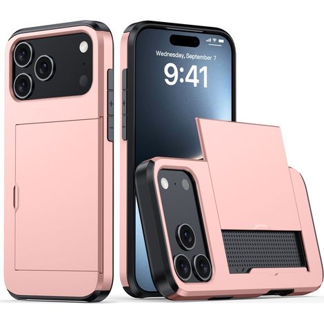 Stoßfeste Handyhülle Mit Verschiebbarem Kartenfach – Zweilagige Schutzhülle Passend Für Iphone 17 Pro Max, Erhältlich In Roségold.