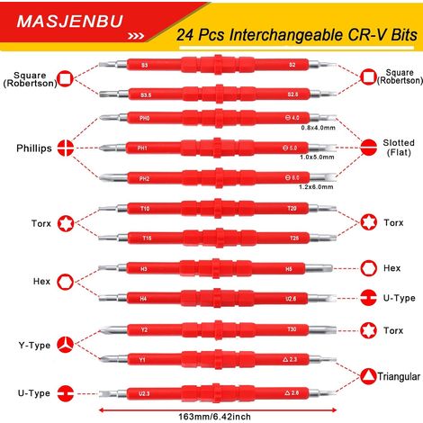 Isolierter 1000-v-schraubendreher-satz Für Elektriker, All-in-one, 24 Robuste Magnetische Bits Mit Griff – Phillips, Schlitz, Torx, Sechskant, Vierkant, Professioneller Schraubendreher-satz Für Elektr