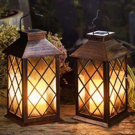 Led-solarlaterne – Energiesparende Außenbeleuchtung, Gelbes Blinklicht – Für Garten Oder Terrasse – Hängend (ohne Glas) – 2er-set – Rotkupfer