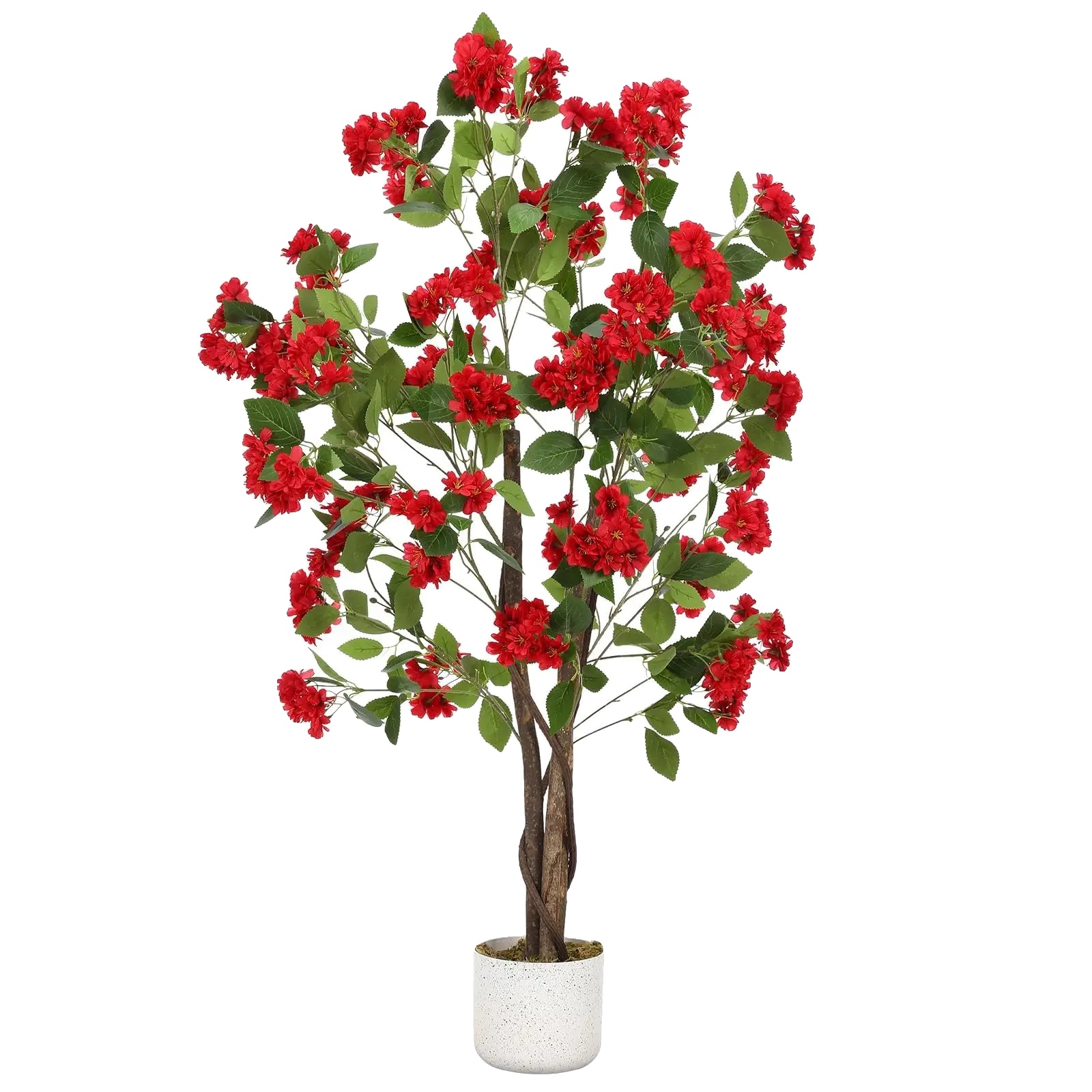 Künstlicher Osmanthusbaum, Lebensechte Blumen, Natürlicher Holzstamm, Rot 120cm