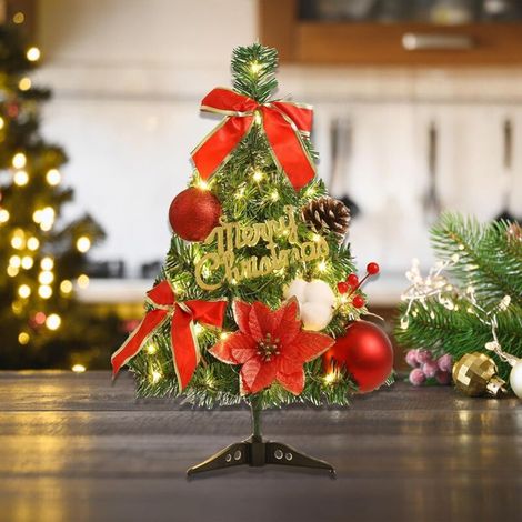 Mini-weihnachtsbaum Mit Lichterkette Und Schleife – Ideal Für Tische, Auslagen Und Schaufenster – 1 Stück, 45 Cm, Rot