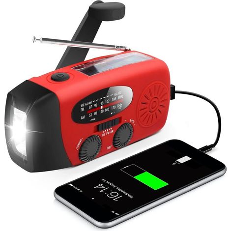 Notradio Mit Handkurbel, Led-taschenlampe, Tragbarem Am/fm-empfang Und Integriertem 2000-mah-handyladegerät (rot).