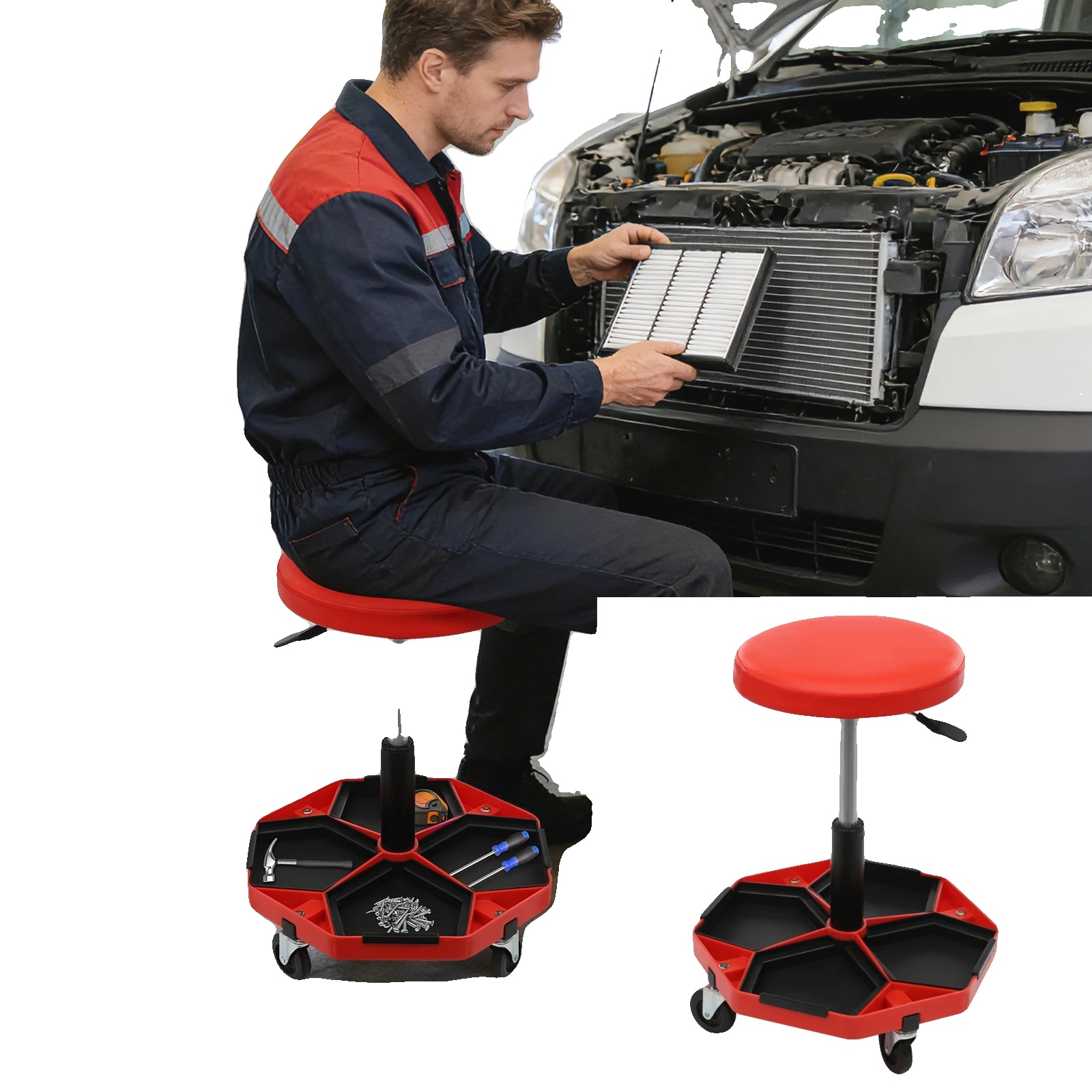 Pneumatischer Garagensitz, Höhenverstellbar, 150 Kg Tragfähigkeit, Rot