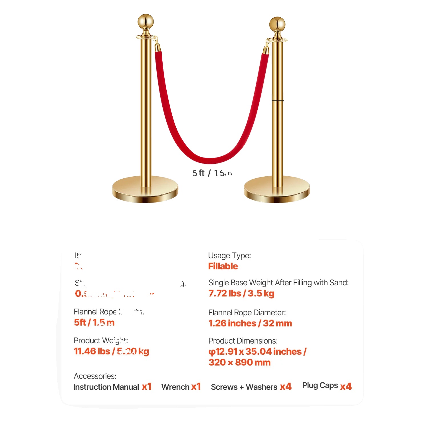 Absperrpfosten, Edelstahl, Mit Füllbarem Fuß, Gold 4er Pack 2 Seile