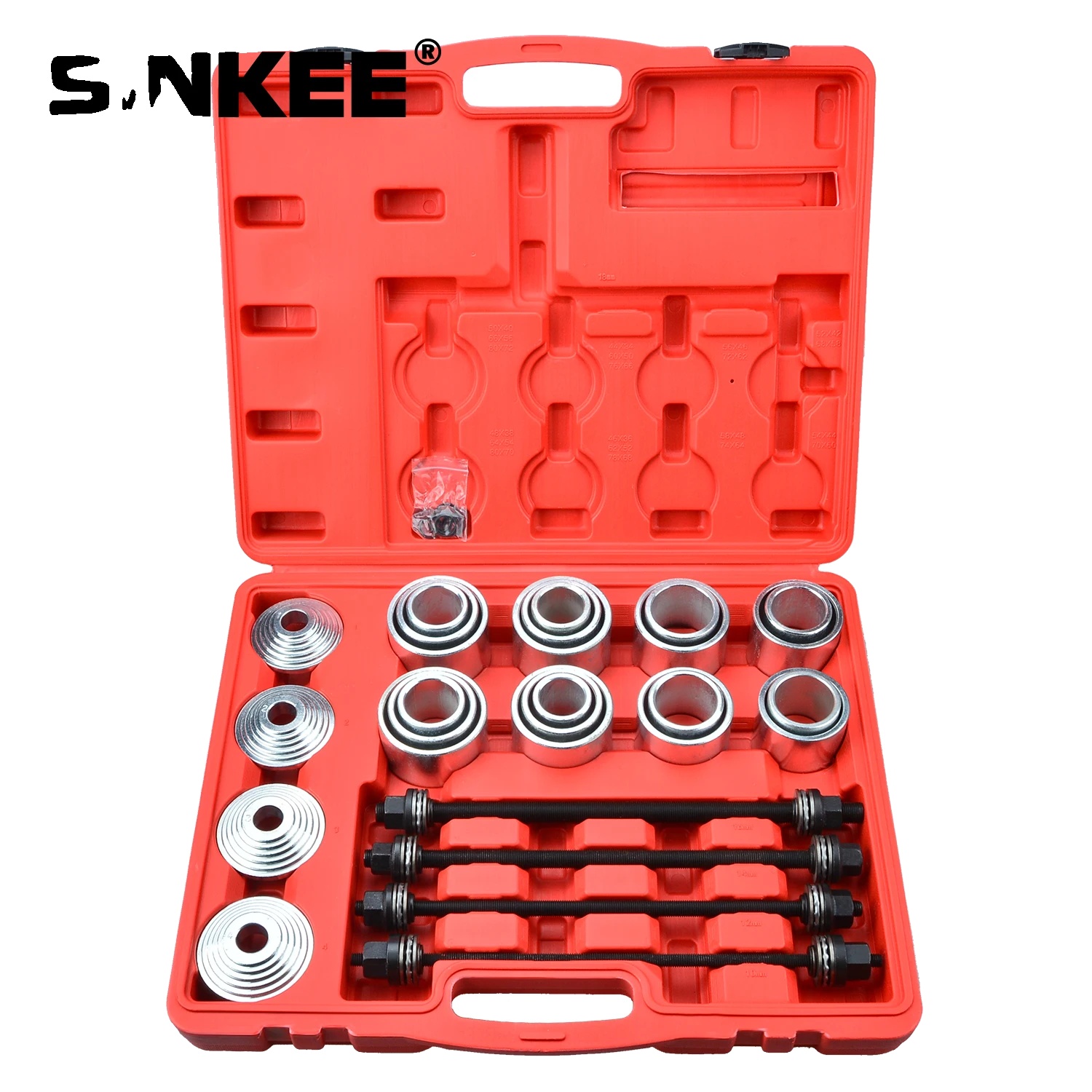 Universelles Hülsetool-set, 20 Presshülsen, Innendurchmesser 34-72mm, Außendurchmesser 44-84mm, 4 Zugstangen, 4 Druckbolzen
