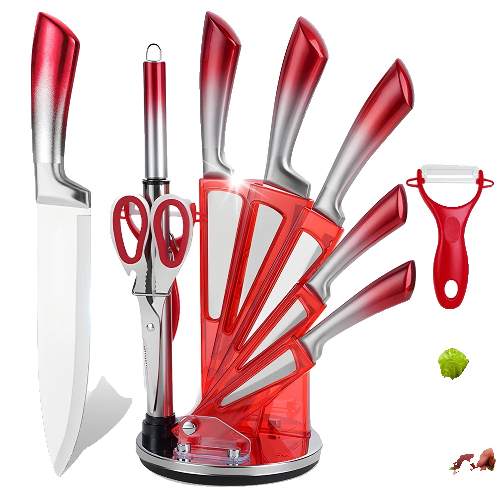 Küchenmesser Set, Antihaftbeschichtet, Inklusive Messerhalter, Rot