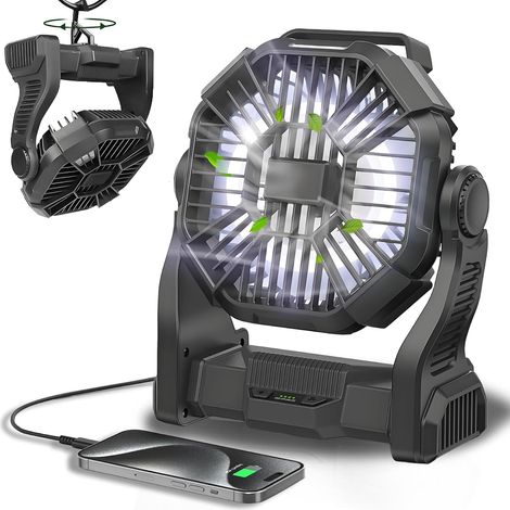 10.000-mah-akku – Mit Led-laterne – Usb-c-ladeanschluss – Schwarzer, Wiederaufladbarer, Tragbarer Ventilator – Kabellos – Ideal Für Camping, Angeln, Strand, Büro Und Zuhause