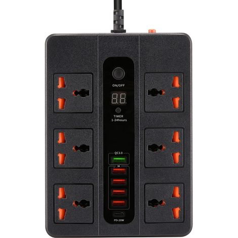 2 M Langes Verlängerungskabel Mit Usb-anschlüssen, 6 Steckdosen Mit 5 Usb-anschlüssen Und 1 Usb-c-anschluss, Verlängerungskabel Mit Überspannungsschutz, 1-24-stunden-timer, Steckdosenleiste, Eu-stecke