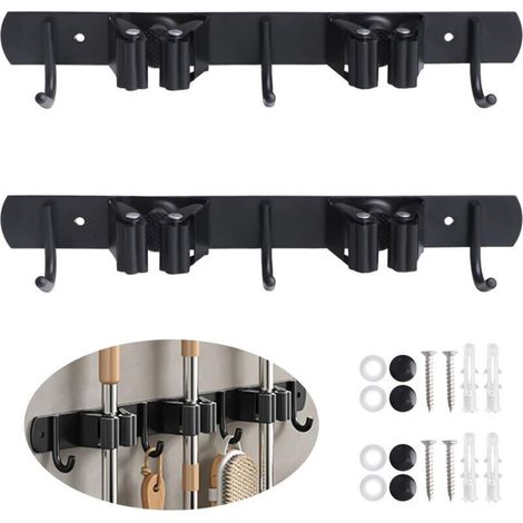 2-teiliges Wandbesenhalter-set: 2 Halterungen + 3 Haken, Edelstahl, Schwarz, Für Küche, Garten, Badezimmer, Werkzeugaufbewahrung, Von Debuns