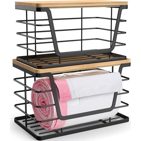 2-teiliges Stapelbares Küchenaufbewahrungsset Mit Bambustablett, Großem Müllbeutelhalter Und Kleinem Müllbeutelspender, Ideal Zur Organisation Ihrer Arbeitsfläche.