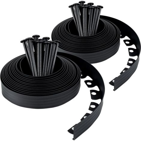 20 Meter Lange, Flexible Garteneinfassung Aus Kunststoff Mit 60 Befestigungspfählen – 50 Mm Hoch – Einfach Zu Handhaben, Schwarz