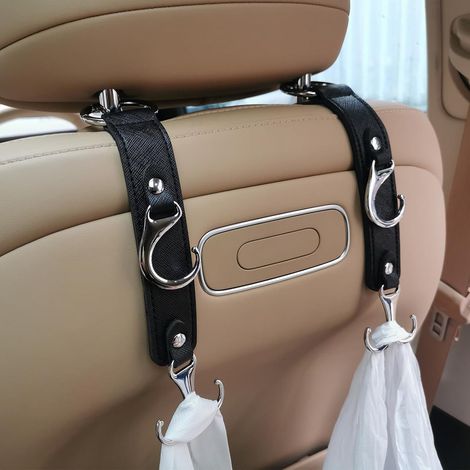 2er-set Schwarze Auto-kopfstützenhaken Aus Kunstleder – Rücksitz-organizer Für Taschen, Jacken Und Regenschirme – Schwarz