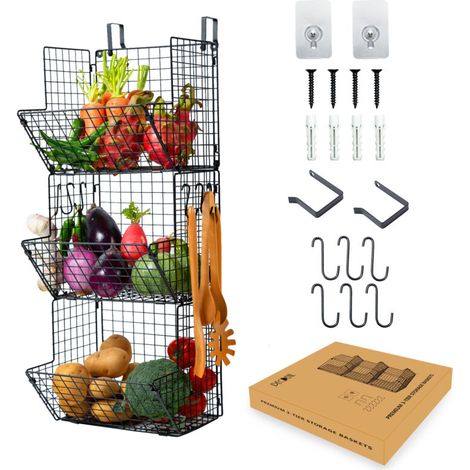 3-stufiges, Wandmontiertes Hängeregal Für Küche, Obst- Und Gemüseaufbewahrung, Mit Haken Und Rückstandsfreiem Klebeband (schwarz)