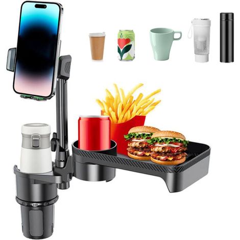 4-in-1-auto-getränkehalter Mit Handyhalterung, Multifunktionales Und Abnehmbares Tablett Mit 360°-drehfunktion Und Verstellbarem Fuß – Ein Unverzichtbares Reiseaccessoire.
