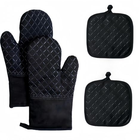 4-teiliges Schwarzes Set Inklusive Ofenhandschuhen Und Backrosten – Erweiterte Ausführung – Hitzebeständig Bis 260 °c – Rutschfeste Silikonbeschichtung Zum Backen Und Kochen