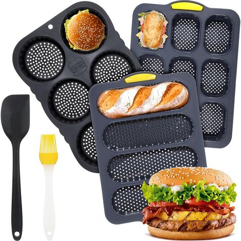 5-teiliges Silikon-backformen-set – Hamburger, Hotdog Und Mini-baguette – 4/6/9 Mulden + Spatel Und Pinsel