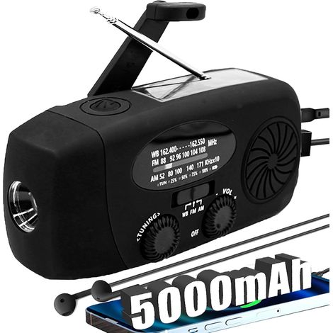 5000-mah-notfall-wettersender (schwarz) – Solarladung + Handkurbel + Am/fm-radio – Notfallradio / Tragbares Ladegerät / Sos-taschenlampe – Ideal Für Zuhause, Camping, Überleben Und Schutz