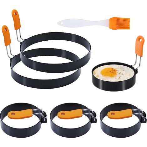 6-teiliges Set Mit Eier- Und Pfannkuchenformen – Mit Silikongriff Und Ölpinsel – Pfannkuchenform, Crêpe-form, Spiegeleiform – Edelstahl – 4 X 8,9 Cm + 2 X 15,2 Cm