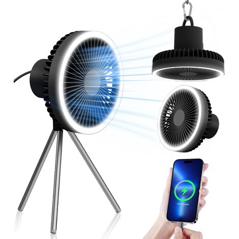 Campingventilator Mit Led-laterne, Betrieben Mit Einem 10.000-mah-akku, Inklusive Haken Und Stativ. Wiederaufladbarer Outdoor-ventilator Mit 3 Geschwindigkeitsstufen, Kleiner Tragbarer Ventilator Für
