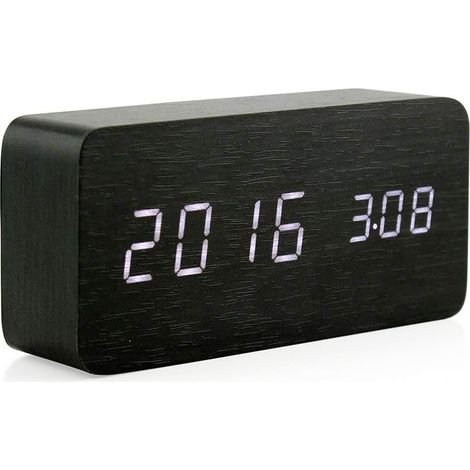 Digitaler Wecker Aus Holz, Multifunktionaler Smart-wecker Mit Led-beleuchtung, Usb-anschluss, Sprachsteuerung Und Thermometer – Schwarz
