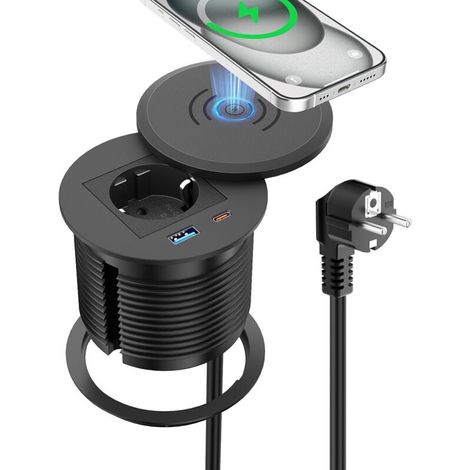 Einbau-steckdosenleiste Mit 15 W Kabellosem Laden Und 30 W Pd Usb-c, Versenkbare Steckdose Für Die Küchenarbeitsplatte, 2 M Kabel, Ø 80 Mm, Schwarz