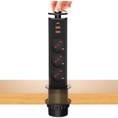 Einbau-steckdosenleiste, Ausziehbarer Steckerblock, 3 Steckdosen Mit Usb-c- Und 2 Usb-anschlüssen, Tisch-/arbeitsplattensteckdose, 4000 W/16 A, 60 Mm Durchmesser, 1,8 M Kabel – Für Küche/büro, Schwarz