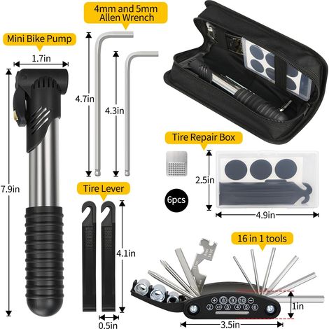 Fahrradreparaturset, Reparaturtasche Mit Luftpumpe, Camping-werkzeugset Für Fahrräder, 16-in-1-multitool, Reifenreparaturset, 4- Und 5-mm-inbusschlüssel, Kompatibel Mit Mountainbikes