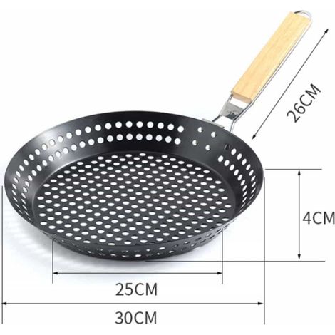 Faltbare Grillpfanne Mit Löchern, 30 Cm, Antihaftbeschichtet, Mit Klappbarem Holzgriff, Ideal Für Camping, Kebab Und Grillabende Im Freien.