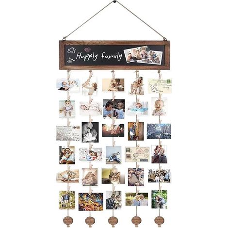 Fotocollage – Hängende Pinnwand – Rustikaler Holzbilderrahmen – Ideal Für Wand- Und Schlafzimmerdekoration – Mit Kreidetafel Und 30 Schwarzen Klammern – Schwarz