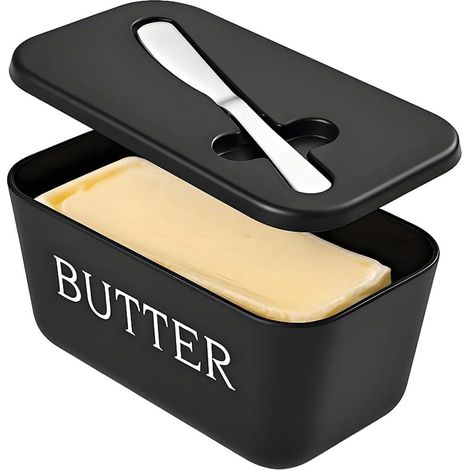 Große Butterdose Aus Kunststoff Mit Deckel Und Messer, Butterdose, Butterdosen, Kleine Schwarze Butterdose