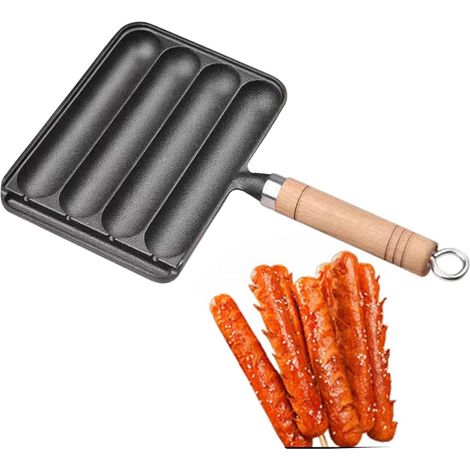 Gusseiserne Wurstpfanne – Antihaft-kochplatte – Isolierter Holzgriff – Hot-dog-pfanne – Für Grill, Backofen Und Küche Geeignet – Langlebig Und Sicher In Der Anwendung