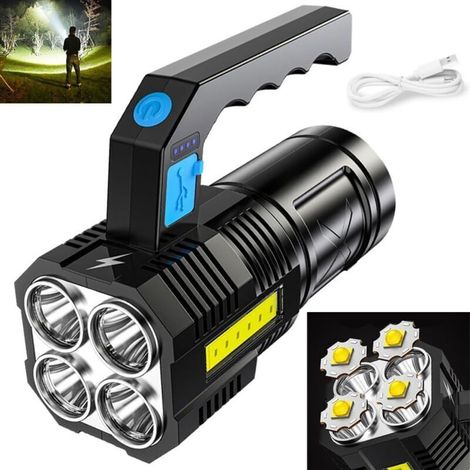 Hochleistungs-taschenlampe Mit 4 Zellen – Wiederaufladbar Und Wasserdicht – 4 Leuchtmodi – Ideal Zum Wandern, Angeln Und Campen – 1 Stück – Schwarz