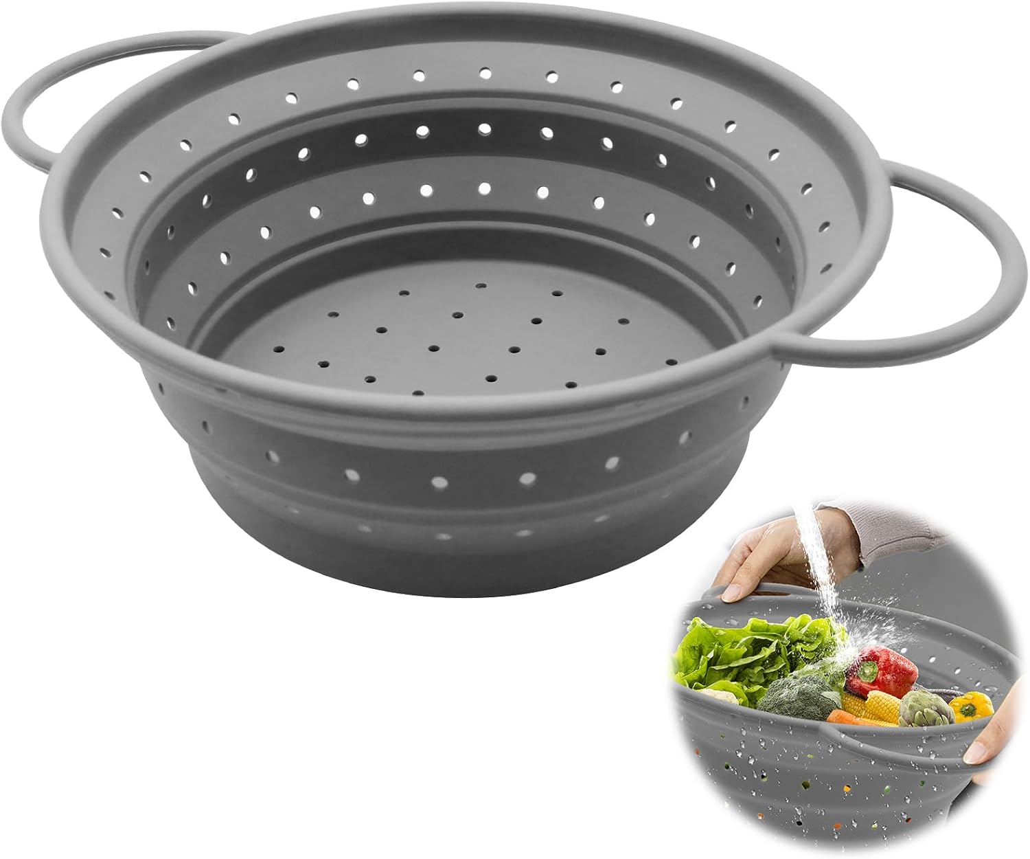 Zusammenklappbares Sieb – 1 Stück – Silikon – Kompaktes Abtropfsieb – Für Nudeln Und Gemüse – Grau, 33 Cm