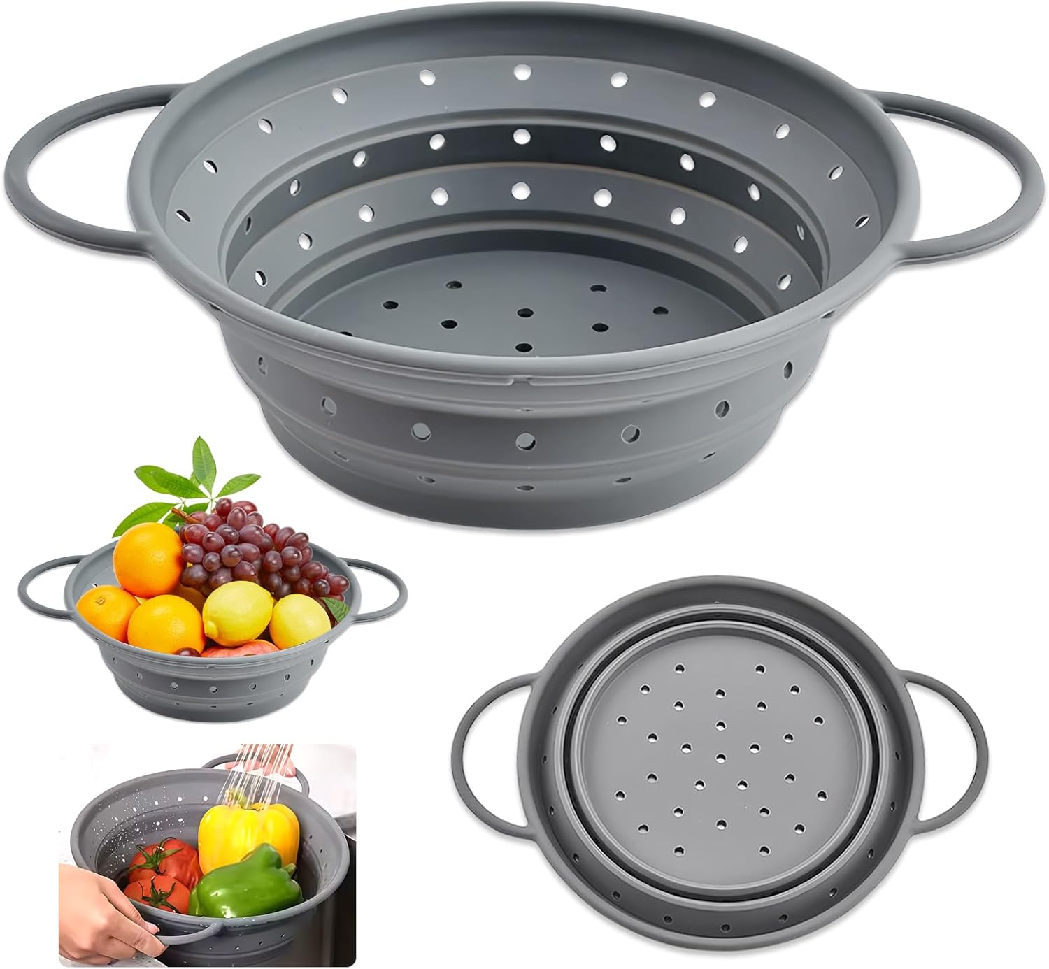 Zusammenklappbares Sieb – 1 Stück – Silikon Und Stahl – Schnell Abtropfend – Für Küche Und Camping – 28 Cm, Grau