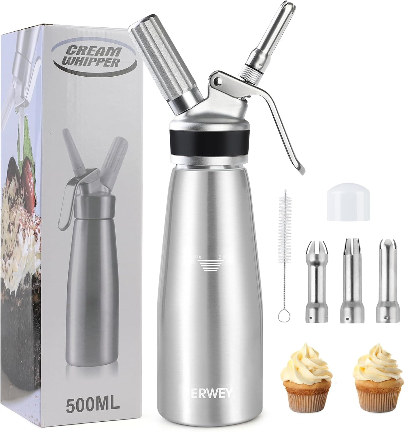 500-ml-sahnespender – Aluminium – 3 Düsen – Schlagsahne – Profi-konditorei – Silber