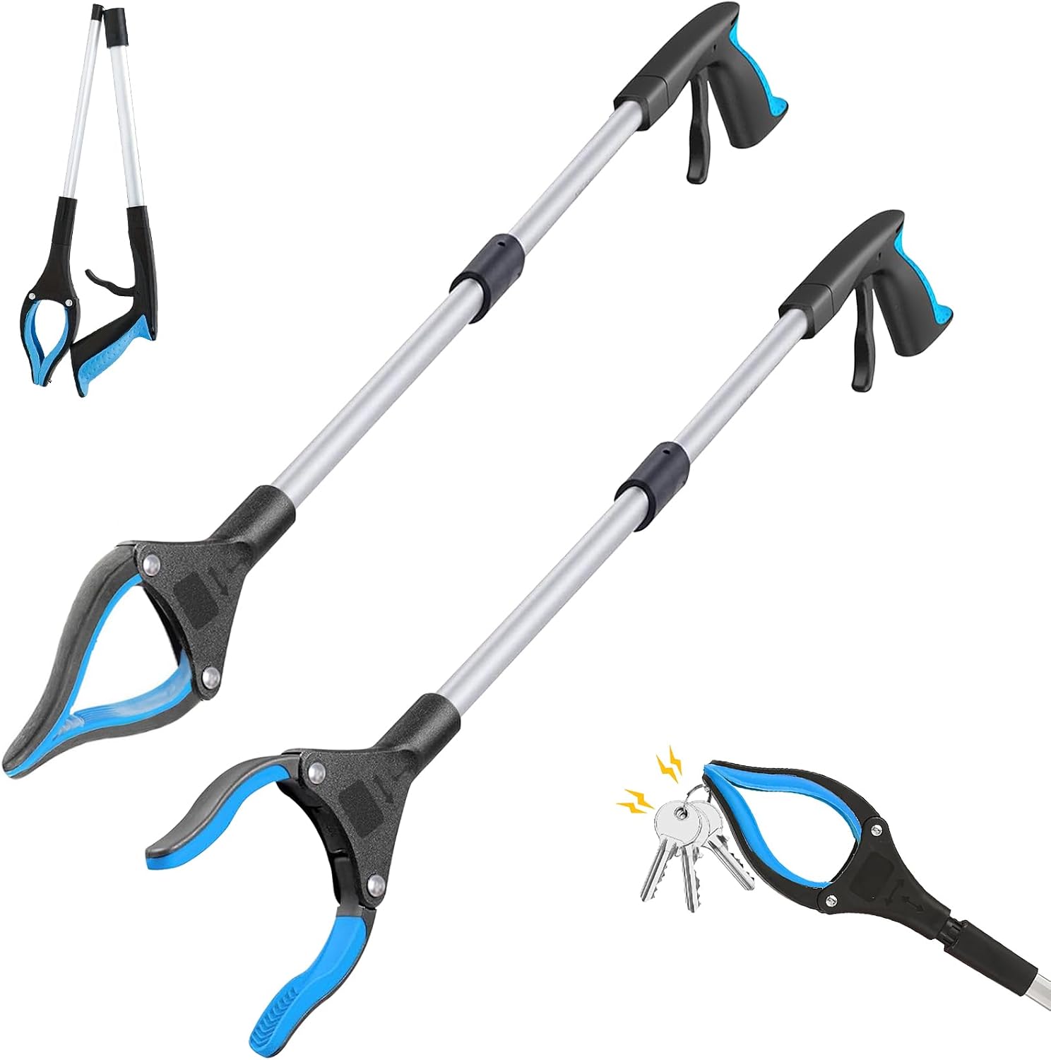 Greifzangen-set – 2 Stück – Stahl – Magnetarm Und Drehbarer Kopf – Für Senioren – 83 Cm – Blau