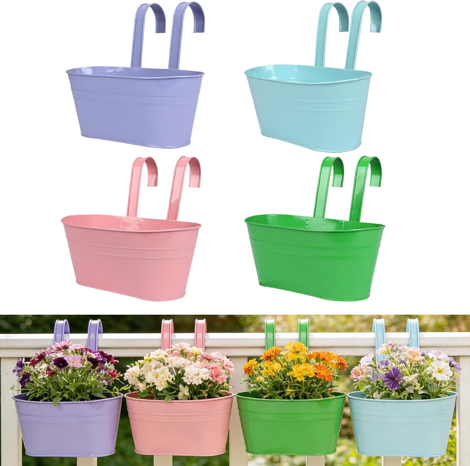 Hängende Blumentöpfe – 4er-set – Verzinktes Metall – Doppelhaken Und Wasserablauf – Für Drinnen Und Draußen, Garten/balkon – Rosa Und Blau