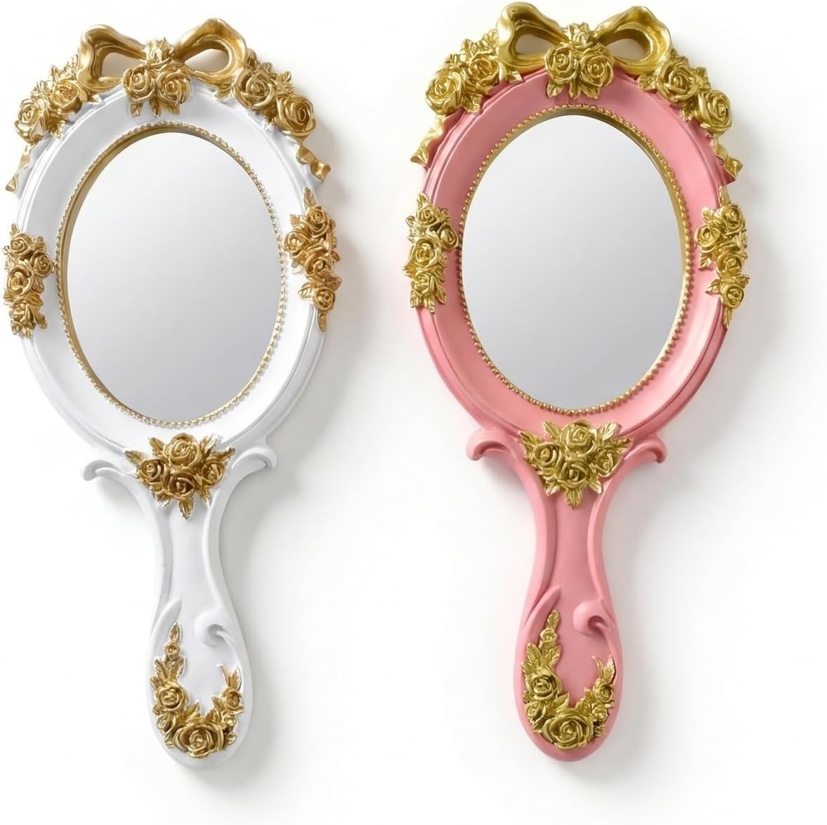 Vintage-handspiegel – 2-teilig – Weiß Und Rosa Mit Geprägtem Rosenmuster – Verzerrungsfreies Glas – Ideal Für Make-up Und Reisen – Tragbare Größe