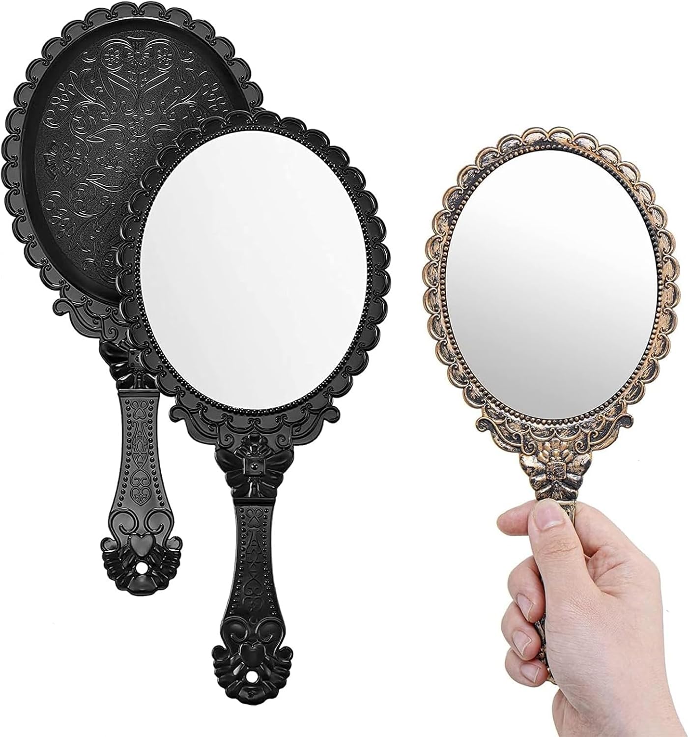 2 Retro-schminkspiegel – 2er-set – Abs Und Glas – Ergonomischer Griff Mit Blumenmuster – Ideal Für Reisen Und Den Alltag – 25 X 11,5 Cm, Schwarz Und Bronze