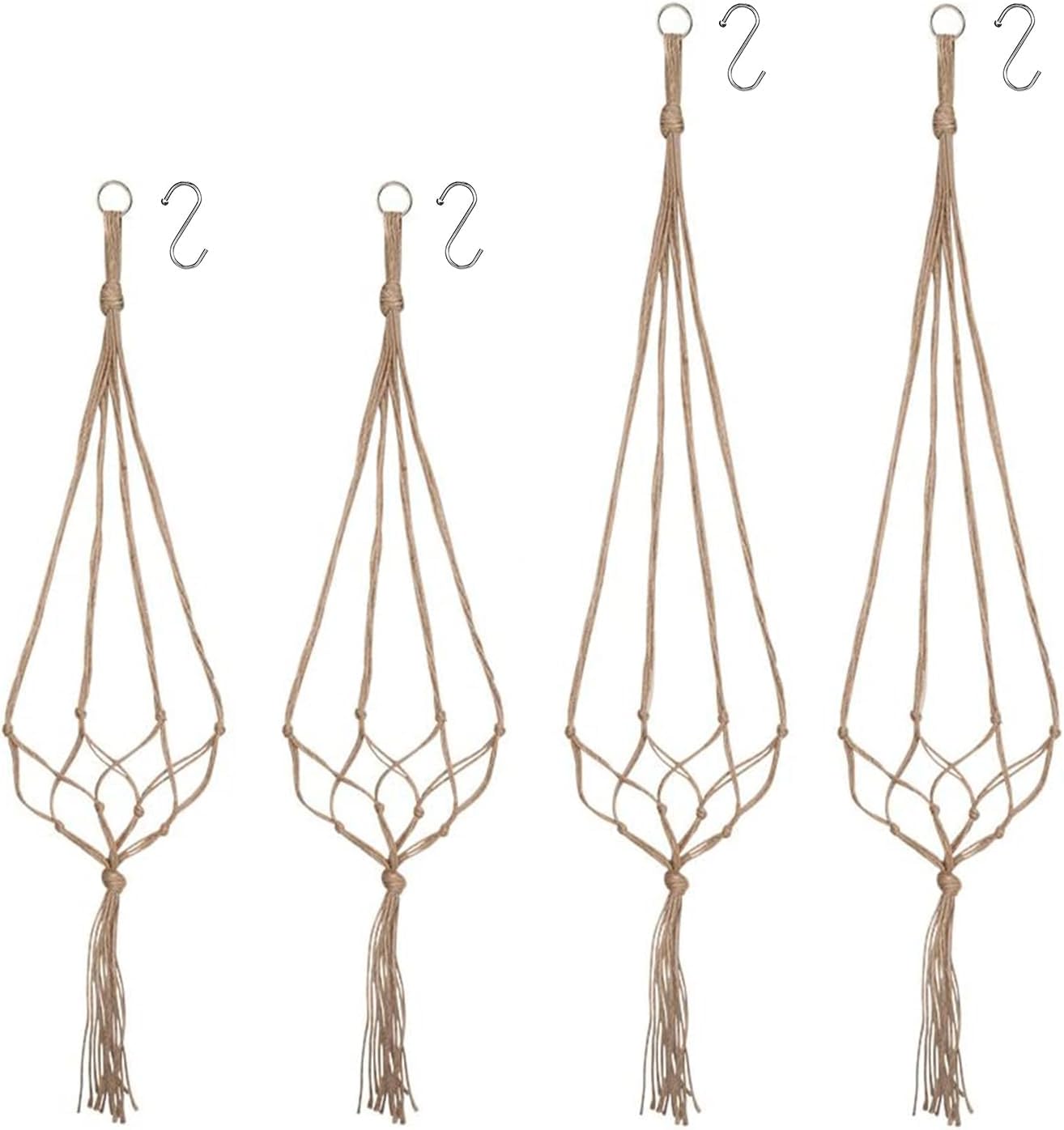 4er-set Makramee-hängekörbe – Naturhanfseil – Boho-dekor, Blumenampeln – Für Drinnen, Draußen Und Balkon – 90 Cm Und 105 Cm