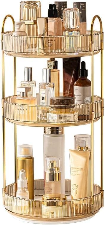 360° Drehbarer Kosmetik-organizer – 3 Ebenen – Abs Und Vergoldeter Stahl – Aufbewahrung Für Badezimmer-make-up – Bernstein