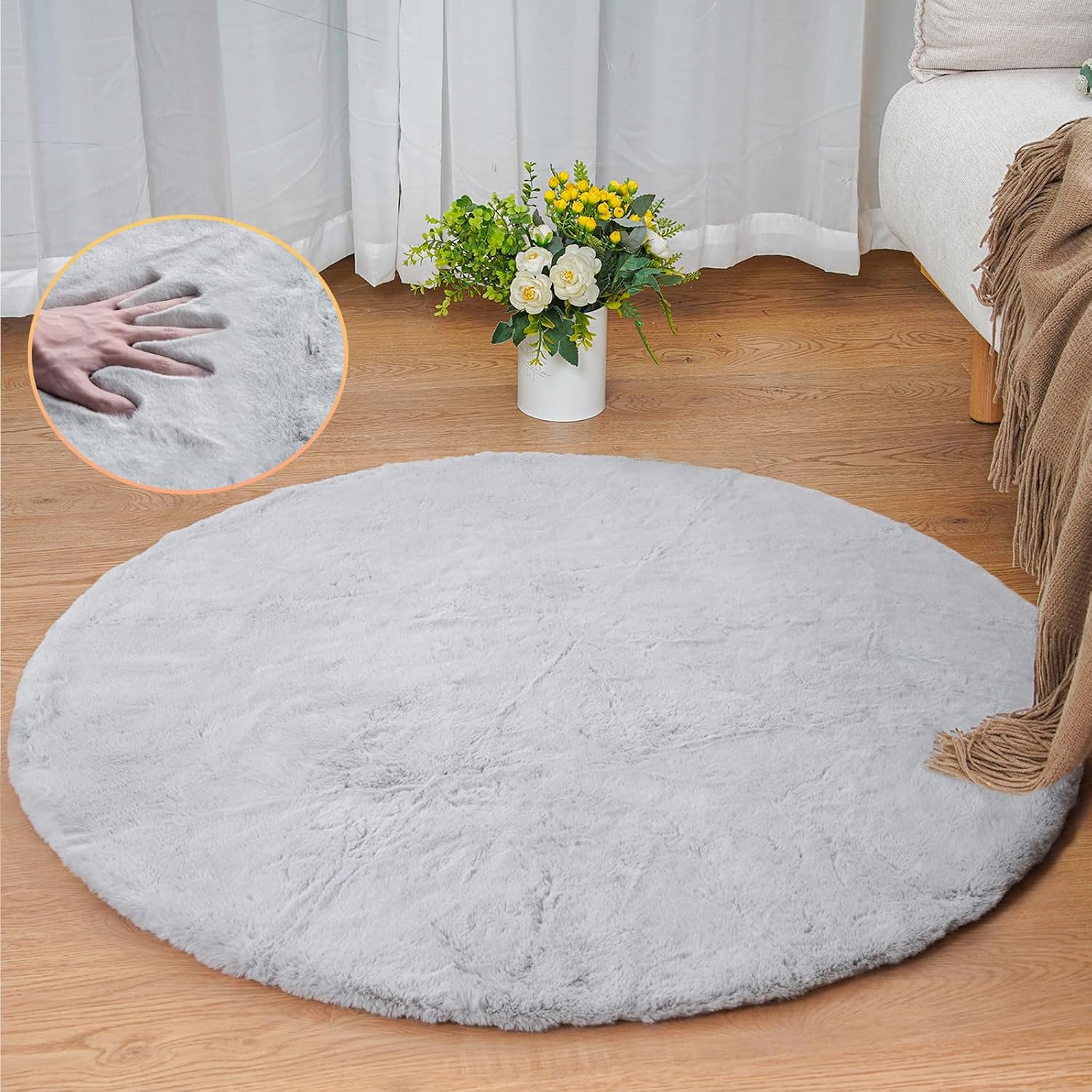 Runder Teppich – 1 Stück – Kunstfell – Weich Und Waschbar – Wohnzimmer, Schlafzimmer, Kinderzimmer – Grau, 90 Cm