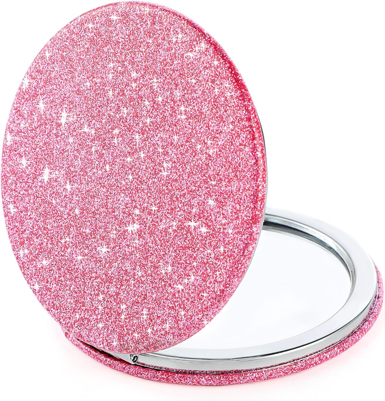 Kompakter Faltspiegel – 1 Stück – Glitzerndes Kunstleder – Doppelseitige 2-fache Vergrößerung – Reise- Und Handtaschengröße – Rosa, 7,4 Cm