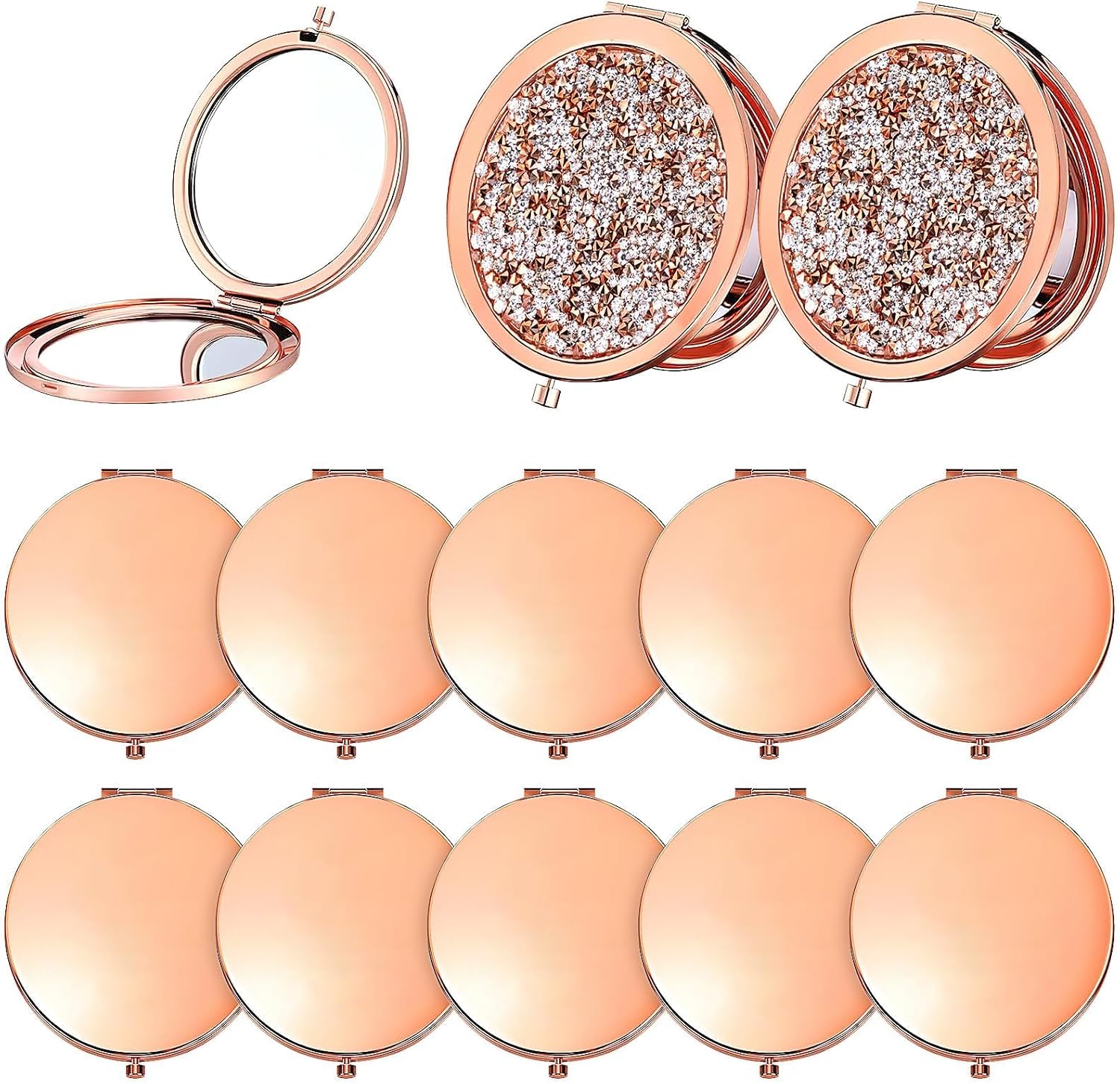 Taschenspiegel – 12er-set – Roségoldenes Metall Und Strasssteine – Doppelseitig, 1x/2x Faltbar – Geschenkidee Für Hochzeiten/junggesellinnenabschiede – 7 Cm Durchmesser