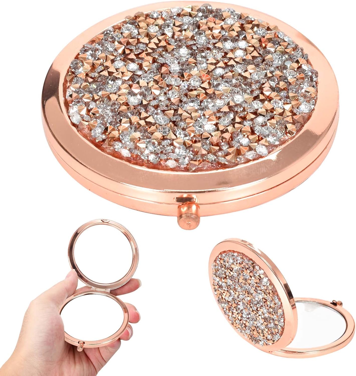 Doppelseitiger Kosmetikspiegel – 1 Stück – Metall Und Kristall – 2-fache Vergrößerung Und Faltbar – Ideal Für Handtasche Und Reisen – Roségold, 70 Mm