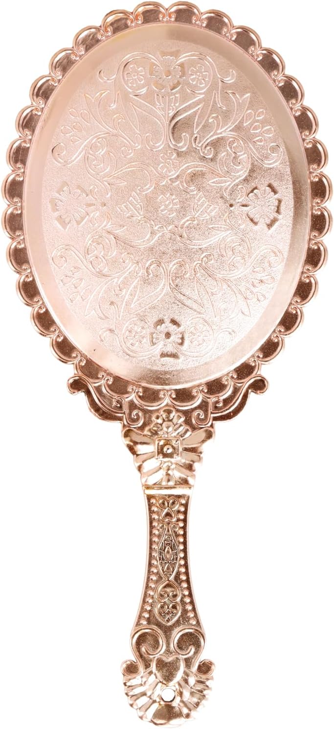 Vintage Taschenspiegel – 1 Stück – Kunststoff Und Hd-glas – Blumendesign Mit Griff – Schmink- Und Reisespiegel Für Damen – Roségold, 25 X 12 Cm