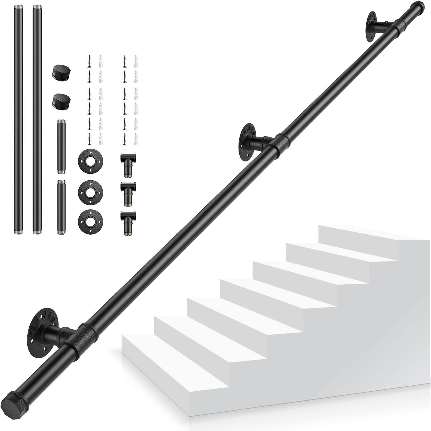 Handlauf – 2 M – Verzinkter Stahl – Rutschfest – Treppen- Und Balkonsicherheit – Schwarz, 2,5 Cm